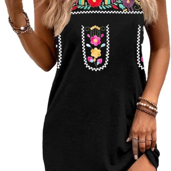 Women Mexican Embroidered Summer Boho Sleeveless Sundress Large - Picture 8 of 8